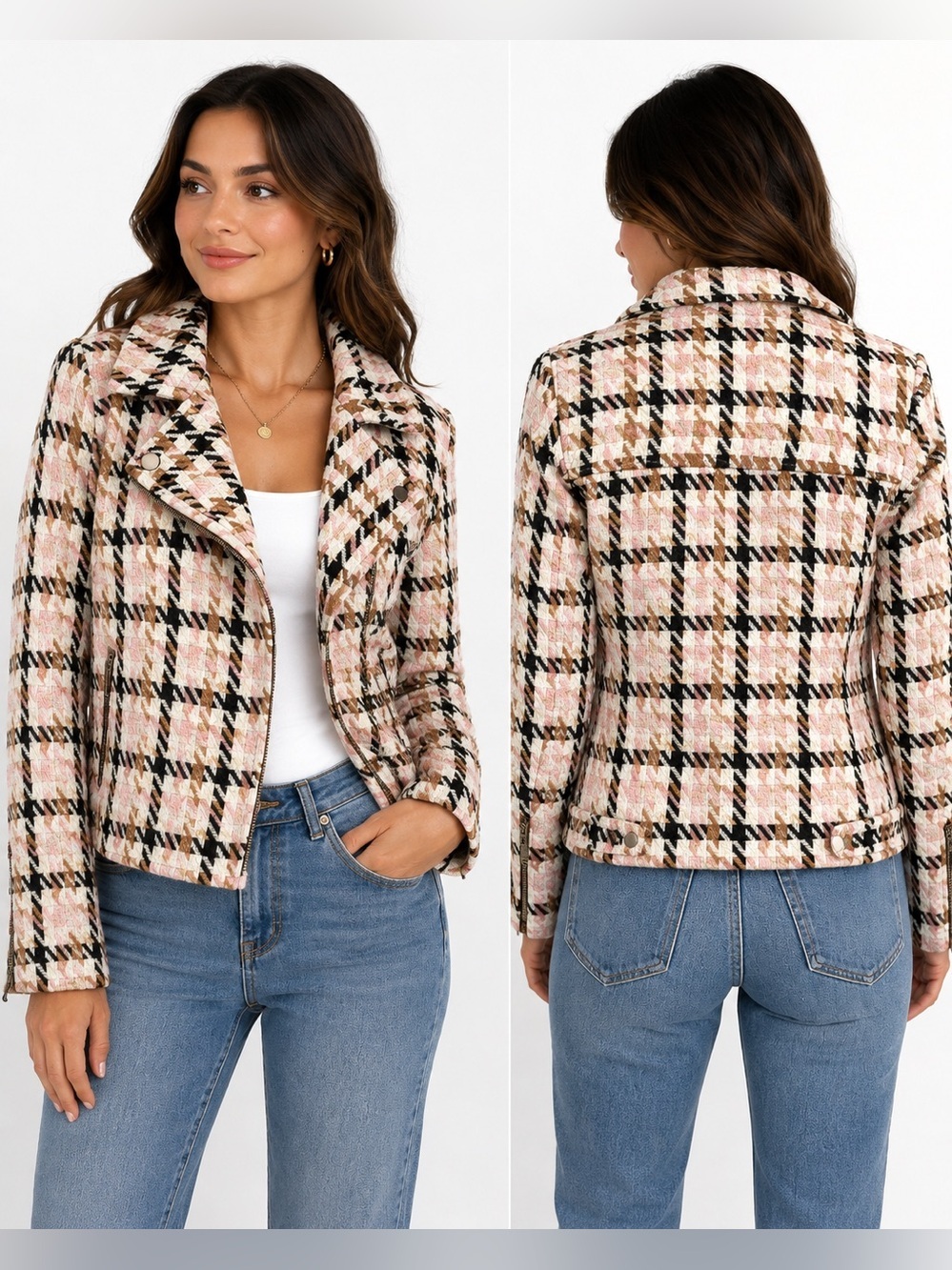 Fate Pink & Black Plaid Tweed Bomber Jacket
